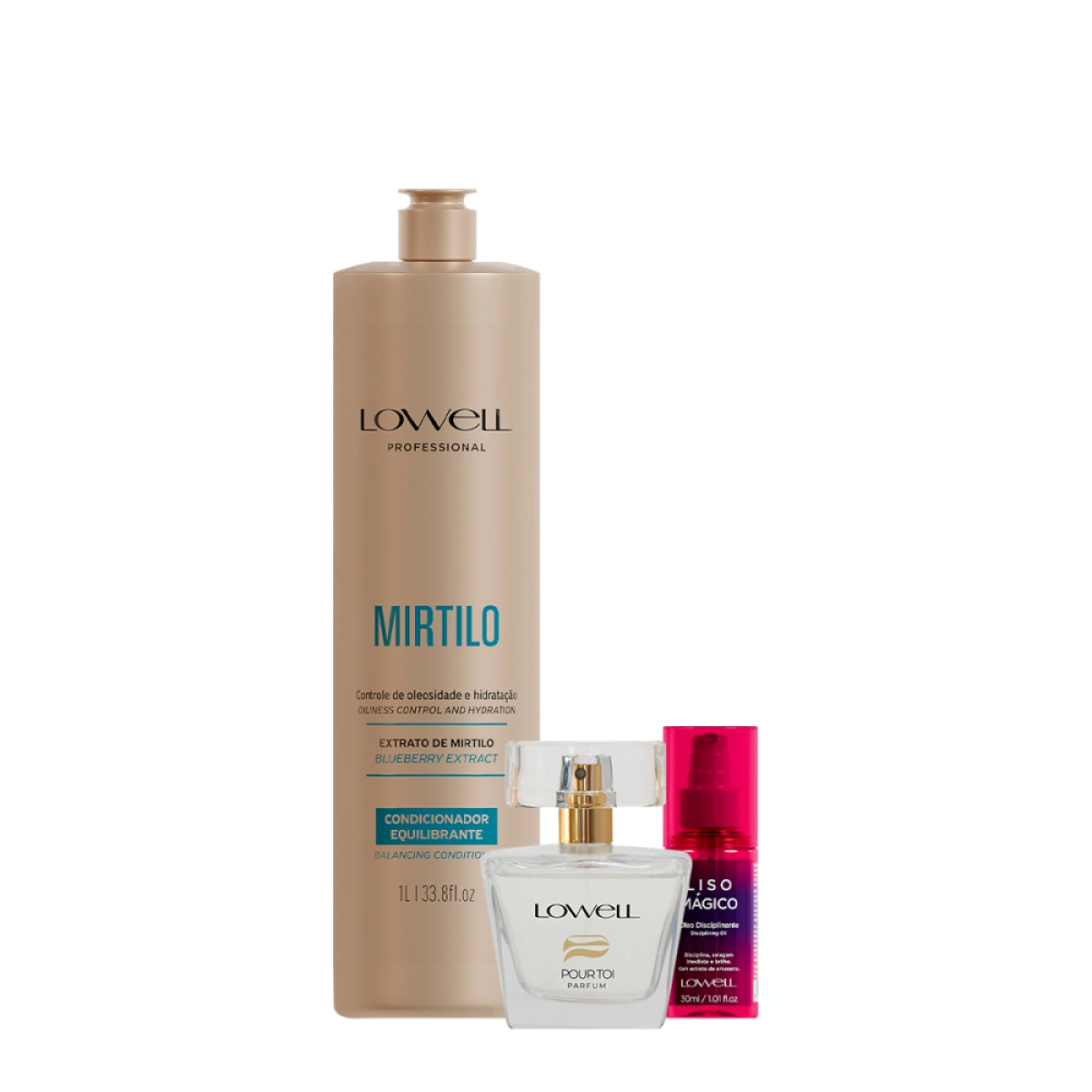 Kit Lowell Extrato De Mirtilo Condicionador Óleo E Pour Toi Parfum Cabelo E Corpo (3 Produtos)