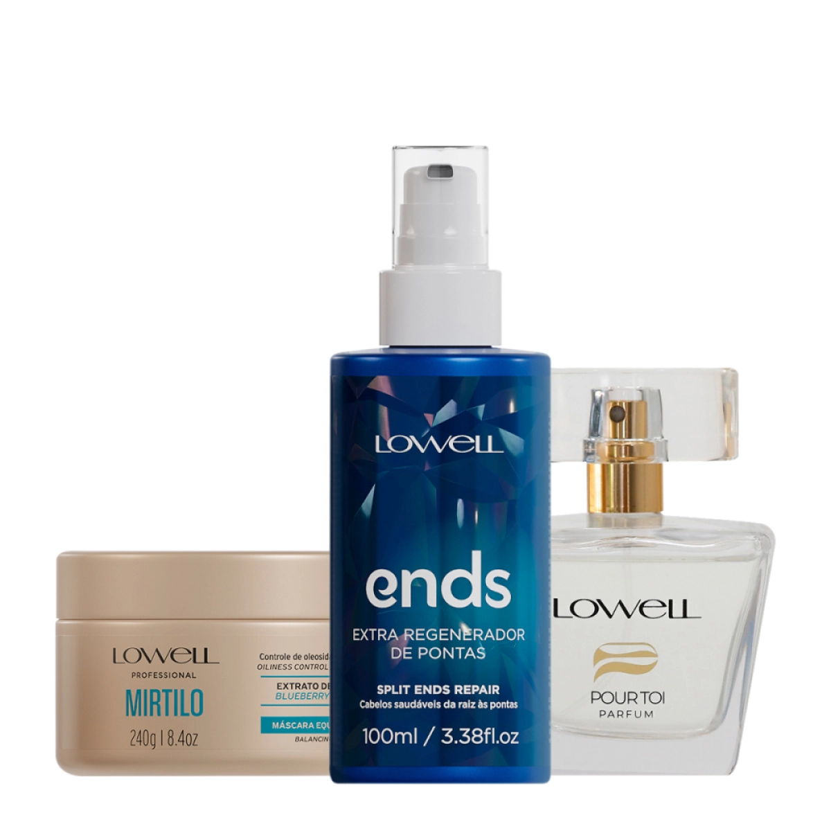 Kit Lowell Extrato De Mirtilo Máscara Regenerador De Pontas E Pour Toi Parfum Cabelo E Corpo (3 Produtos)