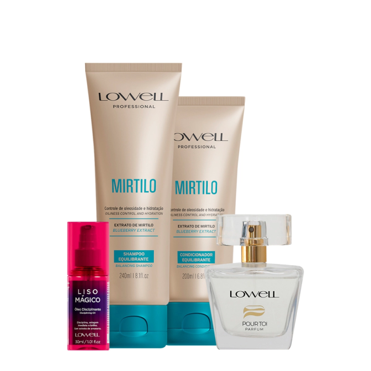 Kit Lowell Extrato De Mirtilo Shampoo Condicionador Keeping Liss Óleo E Pour Toi Parfum Cabelo E Corpo (4 Produtos)