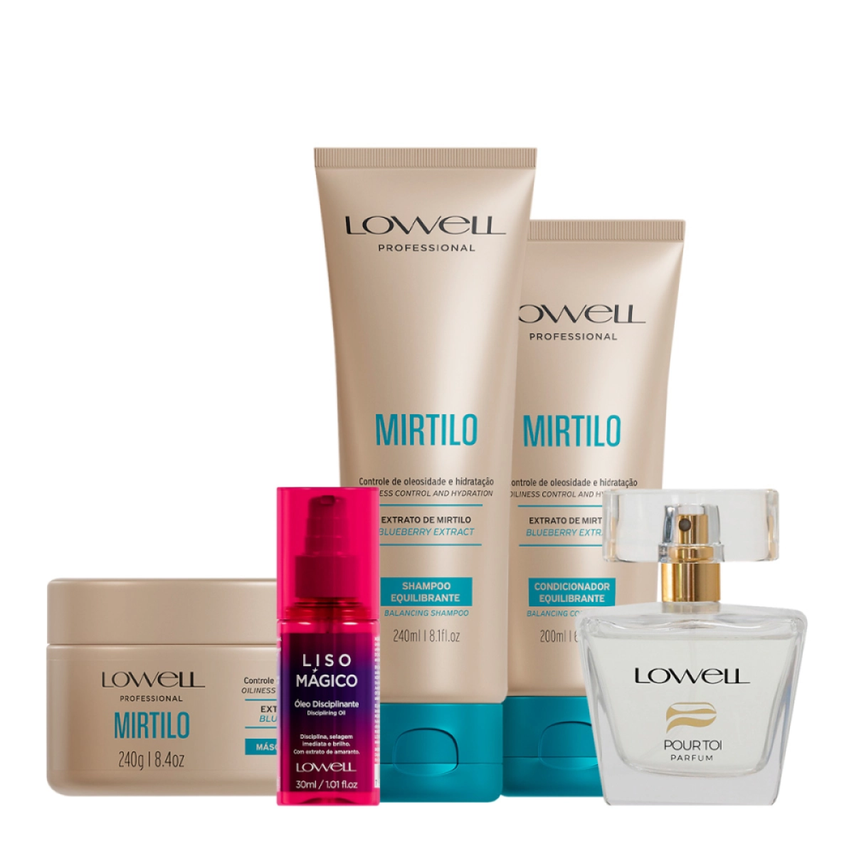 Kit Lowell Extrato De Mirtilo Shampoo Condicionador Máscara Liso Magico Óleo E Pour Toi Parfum Cabelo E Corpo (5 Produtos)