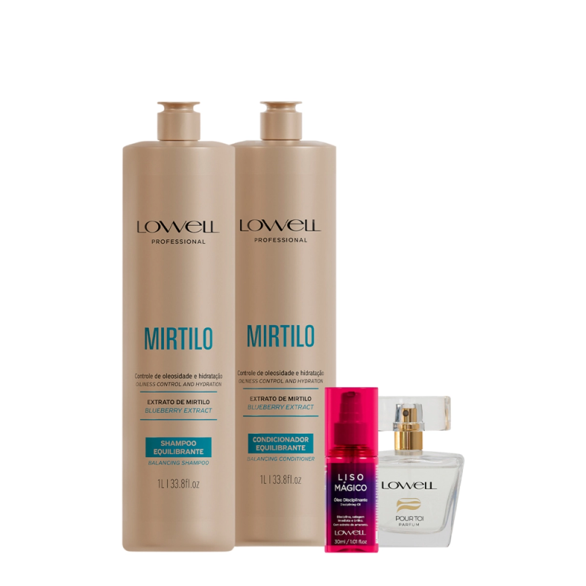 Kit Lowell Extrato De Mirtilo Shampoo Condicionador Óleo E Pour Toi Parfum Cabelo E Corpo (4 Produtos)