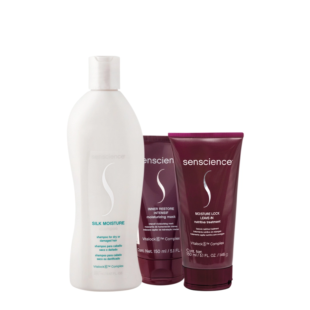 Kit Senscience Silk Moisture Lock Intensif Shampoo Máscara Leave-in (3 Produtos)