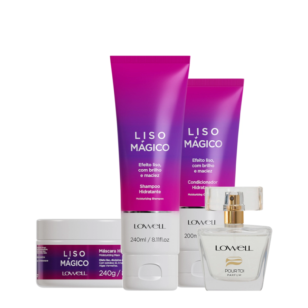 Produto Lowell_Liso_Magico_Keeping_Liss_Shampoo_Condicionador_Mascara_e_Pour_Toi_Parfum_Cabelo_e_Corpo_4_produtos_Evas_1