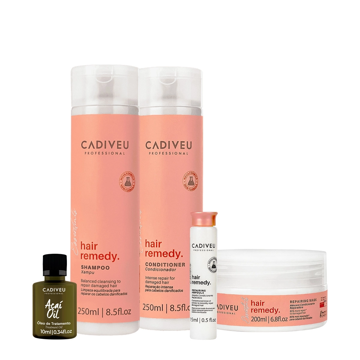 Kit Cadiveu Essentials Hair Remedy Shampoo Condicionador Máscara Ampola e Açaí Oil (5 produtos) Produto: Kit Cadiveu Essentials Hair Remedy Shampoo Condicionador Máscara Ampola e Açaí Oil (5 produtos)