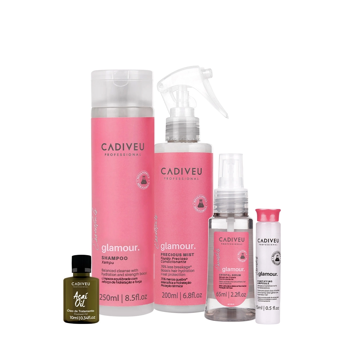 Kit Cadiveu Professional Essentials Glamour Shampoo Ampola Fluído Sérum e Açaí Oil 10 (5 produtos) Produto: Kit Cadiveu Professional Essentials Glamour Shampoo Ampola Fluído Sérum e Açaí Oil 10 (5 produtos)