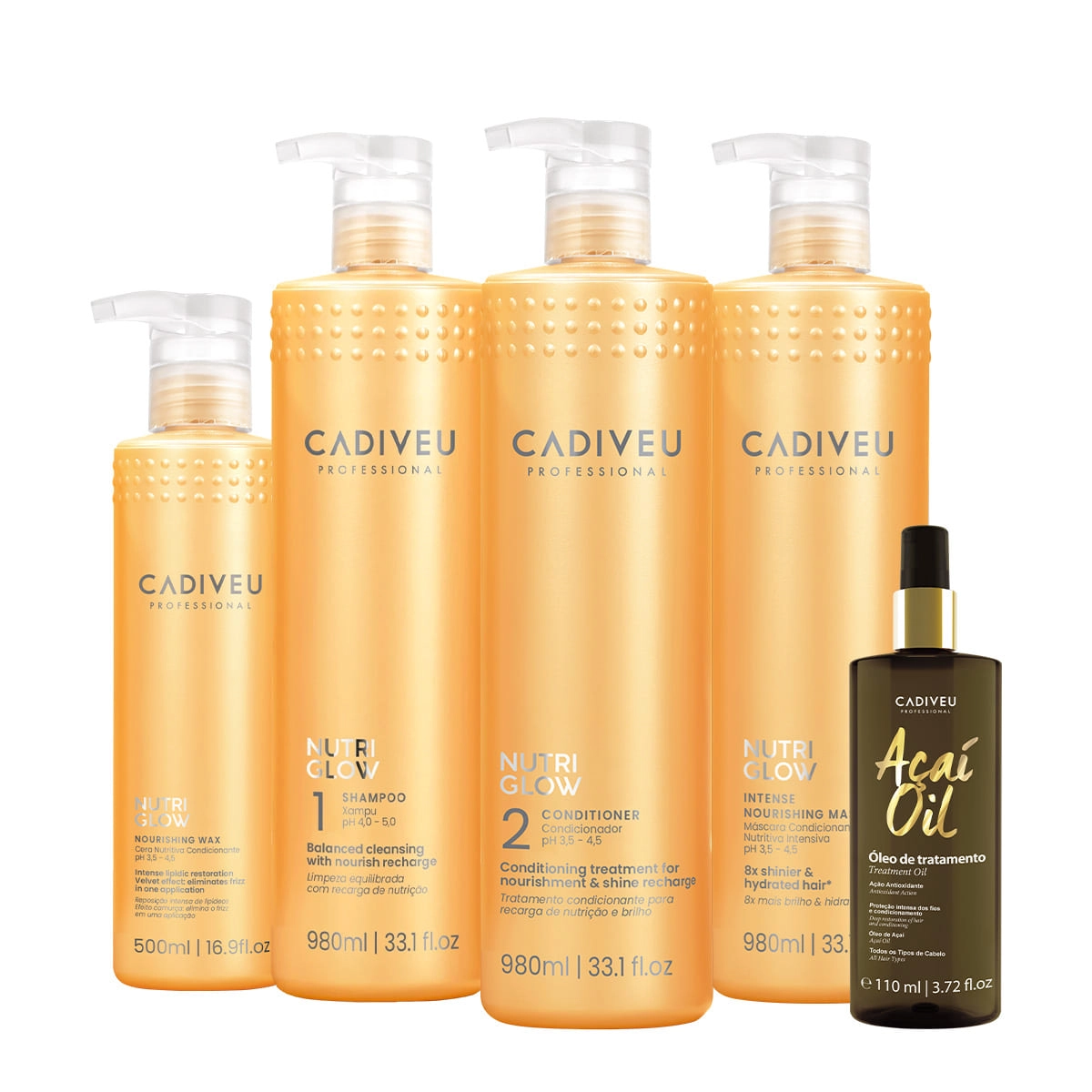 Kit Cadiveu Professional Nutri Glow Shampoo Condicionador Máscara Cera G e Açaí Oil 110 (5 produtos) Produto: Kit Cadiveu Professional Nutri Glow Shampoo Condicionador Máscara Cera G e Açaí Oil 110 (5 produtos)