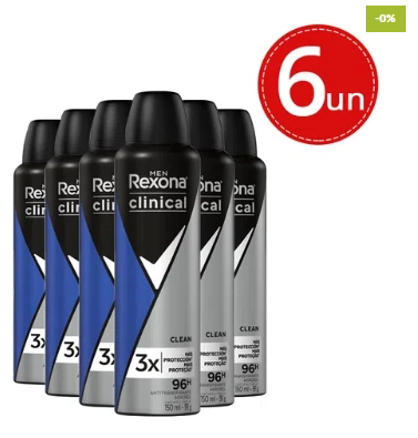 Rexona Clinical Desodorante Aerosol Clean Men Azul 150ml C/ 6 Produto: Rexona Clinical Desodorante Aerosol Clean Men Azul 150ml C/ 6