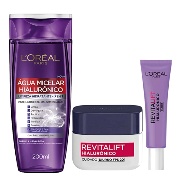 Produto: L’Oréal Paris Revitalift Hialurônico Água Micelar 200ml + Dia 49g + Área dos Olhos 15ml