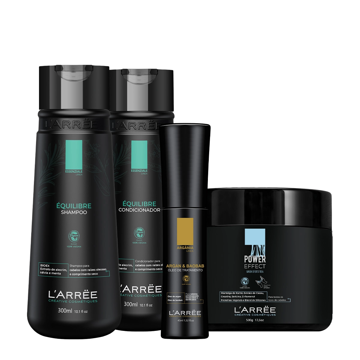 Kit LARREE Équilibre Shampoo Condicionador Óleo Argan & Baobab e Power Effect Máscara Efeito Teia (4 produtos) Produto: Kit LARREE Équilibre Shampoo Condicionador Óleo Argan & Baobab e Power Effect Máscara Efeito Teia (4 produtos)