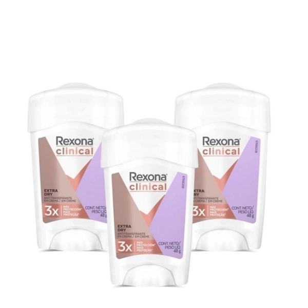 Produto: Rexona Clinical Desodorante Creme Extra Dry Feminino Roxo 48g  C/3