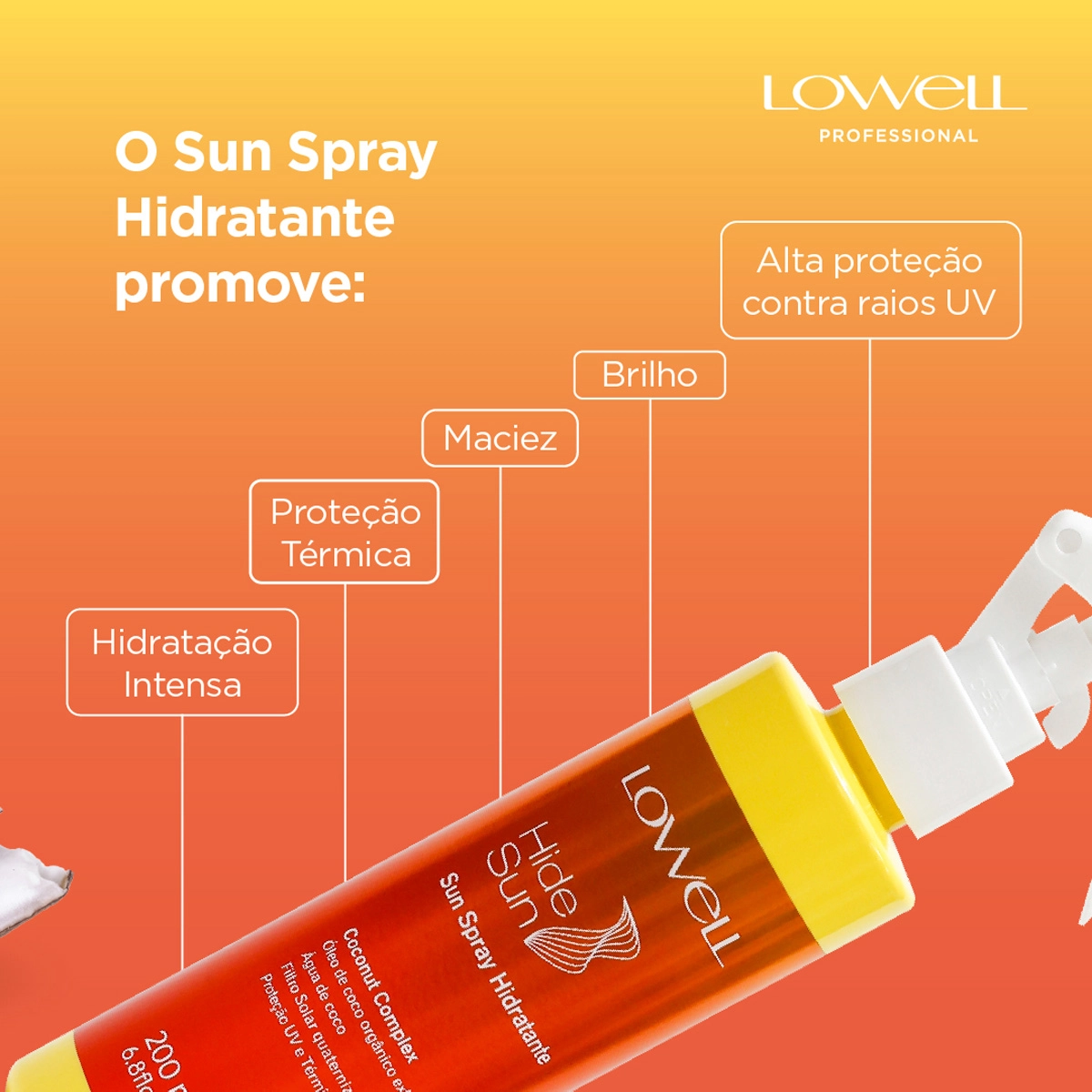 Spray Hidratante Leave-in Hide Sun Coconut Complex Lowell 200ml Produto Spray Hidratante Leave-in Hide Sun Coconut Complex Lowell 200ml