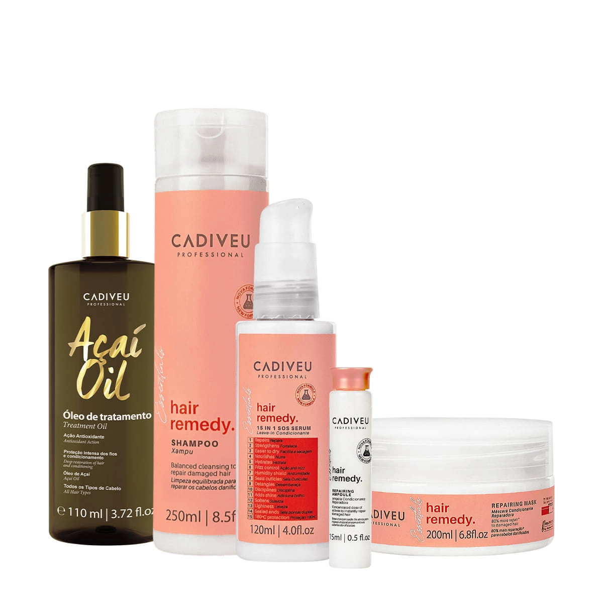 Kit Cadiveu Essentials Hair Remedy Shampoo Máscara Leave-in Sérum Ampola e Açaí Oil 110 (5 produtos) Produto: Kit Cadiveu Essentials Hair Remedy Shampoo Máscara Leave-in Sérum Ampola e Açaí Oil 110 (5 produtos)