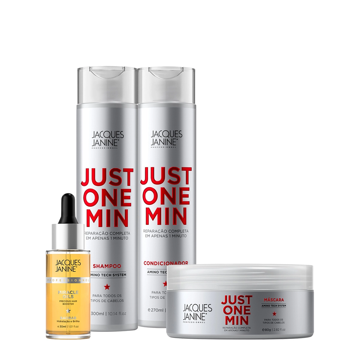 Kit Jacques Janine Professionnel Just One Min Shampoo Condicionador Oils Baobab e Máscara P (4 produtos) Produto: Kit Jacques Janine Professionnel Just One Min Shampoo Condicionador Oils Baobab e Máscara P (4 produtos)