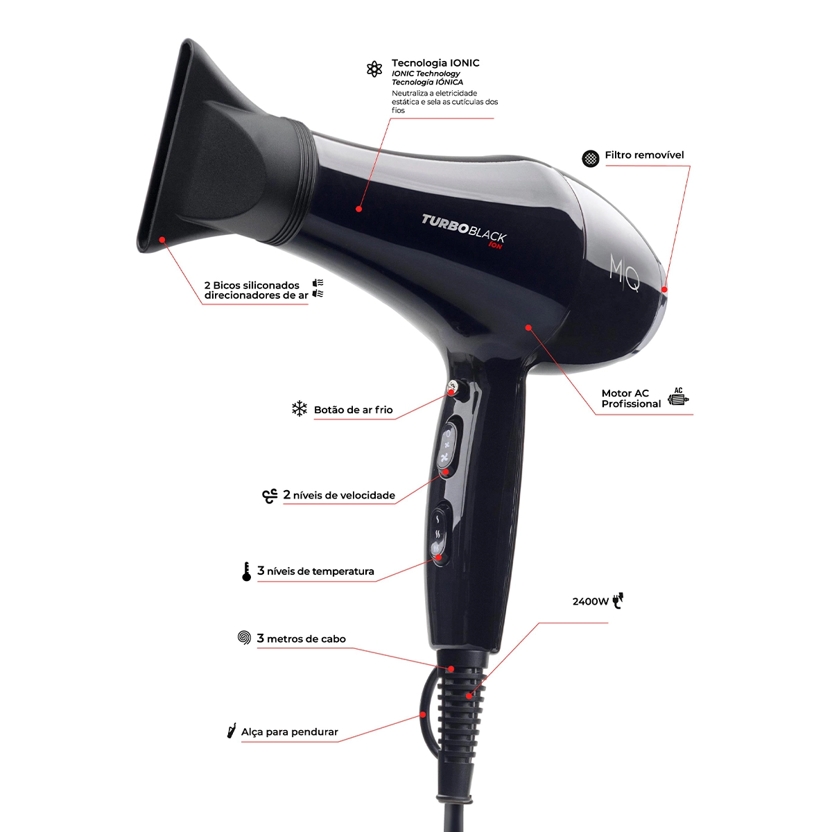 Produto: Secador de Cabelo Turbo Black Ion 2400W 127V MQ Professional