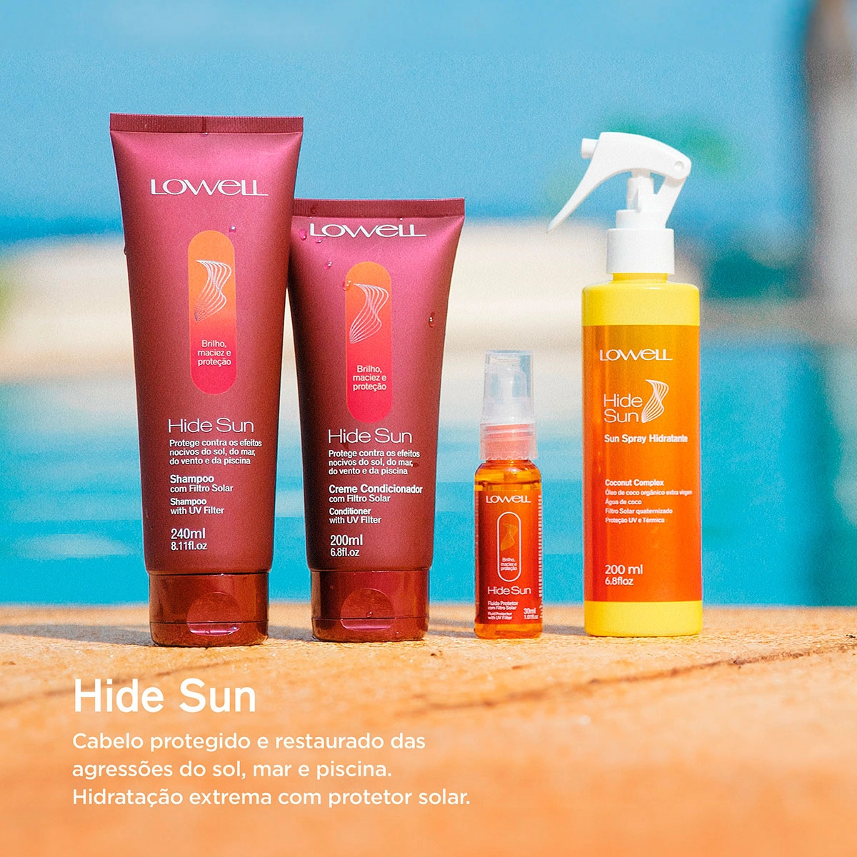 Produto: Kit Lowell Hide Sun Shampoo Condicionador Sérum e Pour Toi Parfum Cabelo e Corpo (4 produtos)
