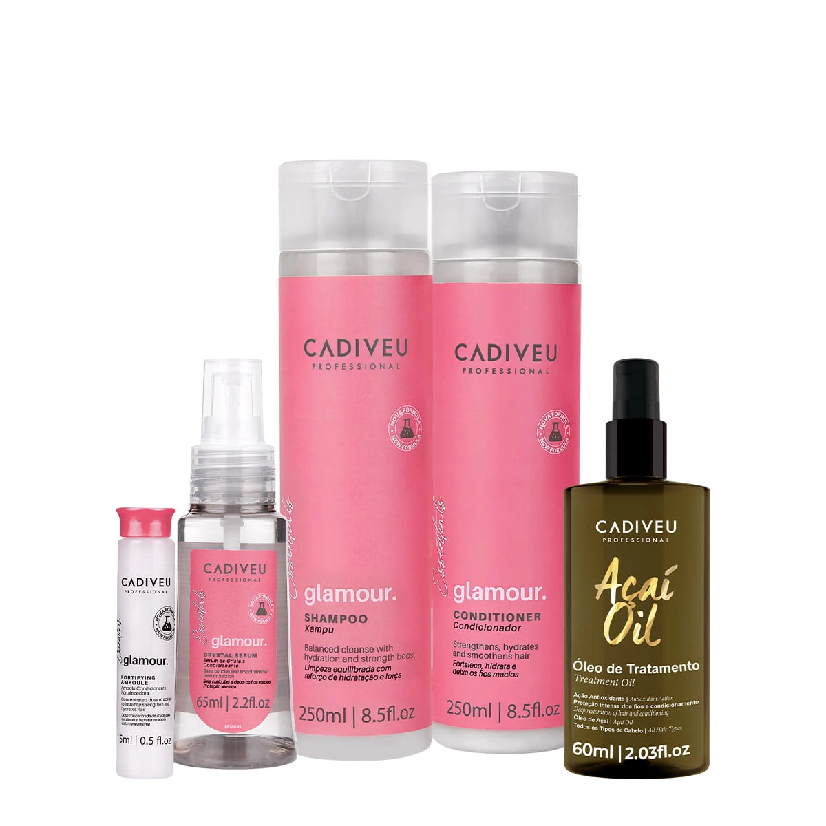 Kit Cadiveu Professional Essentials Glamour Shampoo Condicionador Ampola Sérum e Açaí Oil 60 (5 produtos) Produto: Kit Cadiveu Professional Essentials Glamour Shampoo Condicionador Ampola Sérum e Açaí Oil 60 (5 produtos)