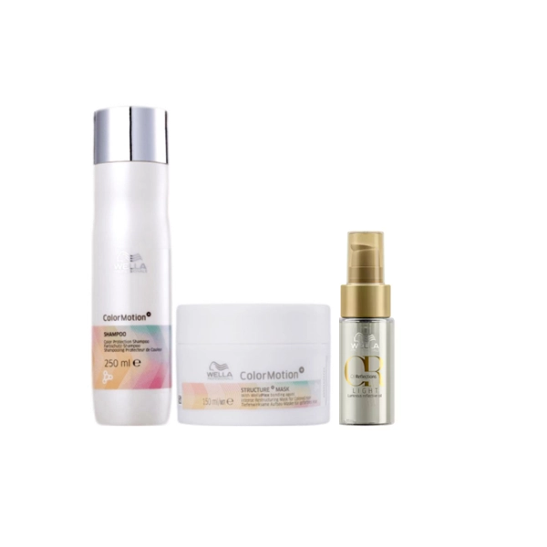 Wella Professionals Color Motion+ - Shampoo 250ml+Máscara 150ml+Oil Reflections Light 30ml Produto: Wella Professionals Color Motion+ - Shampoo 250ml+Máscara 150ml+Oil Reflections Light 30ml