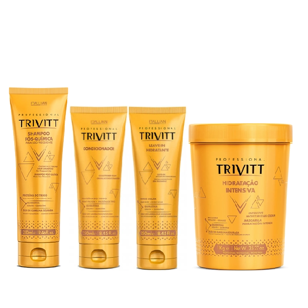 Kit Trivitt Shampoo Pós Quimica 280ml + Condicionador 250ml + Leave in 250ml e Hidratação Intensiva 1Kg (4 Produtos) Produto: Kit Trivitt Shampoo Pós Quimica 280ml + Condicionador 250ml + Leave in 250ml e Hidratação Intensiva 1Kg (4 Produtos)