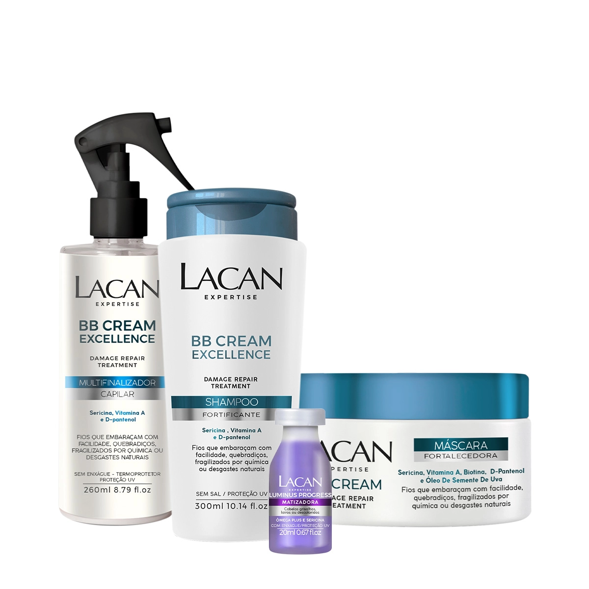 Kit Lacan Multifinalizador Capilar BB Cream Shampoo Leave-in Máscara e Ampola Matizadora (4 produtos) Produto: Kit Lacan Multifinalizador Capilar BB Cream Shampoo Leave-in Máscara e Ampola Matizadora (4 produtos)