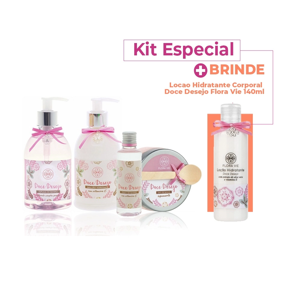 Produto: Kit Flora Vie Doce Desejo Espuma de Banho + Emulsão Hidratante + Sais de Banho + Óleo de Banho