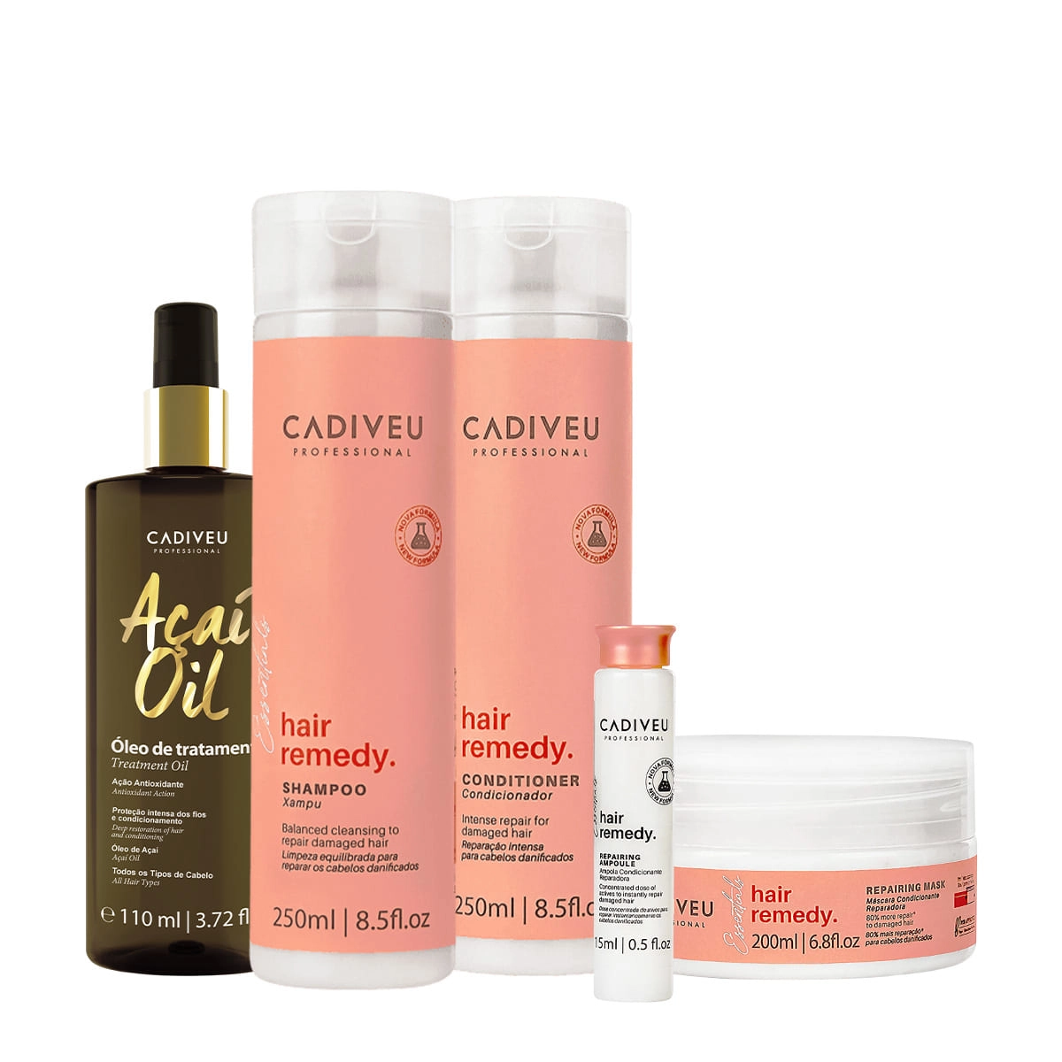 Kit Cadiveu Essentials Hair Remedy Shampoo Condicionador Máscara Ampola e Açaí Oil 110 (5 produtos) Produto: Kit Cadiveu Essentials Hair Remedy Shampoo Condicionador Máscara Ampola e Açaí Oil 110 (5 produtos)