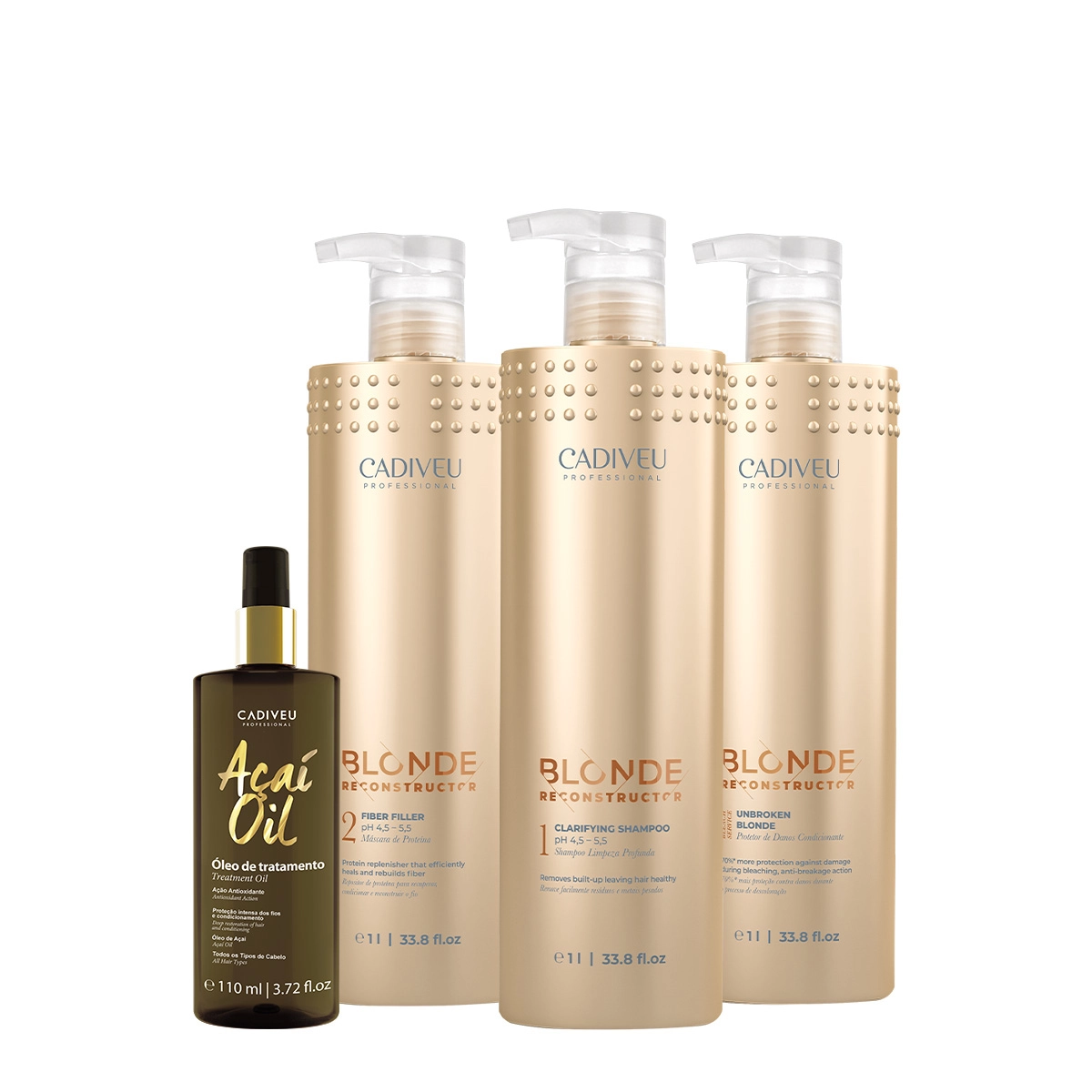Kit Cadiveu Professional Blonde Reconstructor Shampoo Máscara Condicionador e Açaí Oil (4 produtos) Produto: Kit Cadiveu Professional Blonde Reconstructor Shampoo Máscara Condicionador e Açaí Oil (4 produtos)