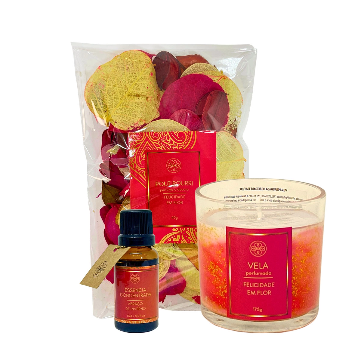 Kit Flora Vie Felicidade em Flor Folhas Secas Vela Perfumada e Essência Concentrada (3 produtos) Produto: Kit Flora Vie Felicidade em Flor Folhas Secas Vela Perfumada e Essência Concentrada (3 produtos)