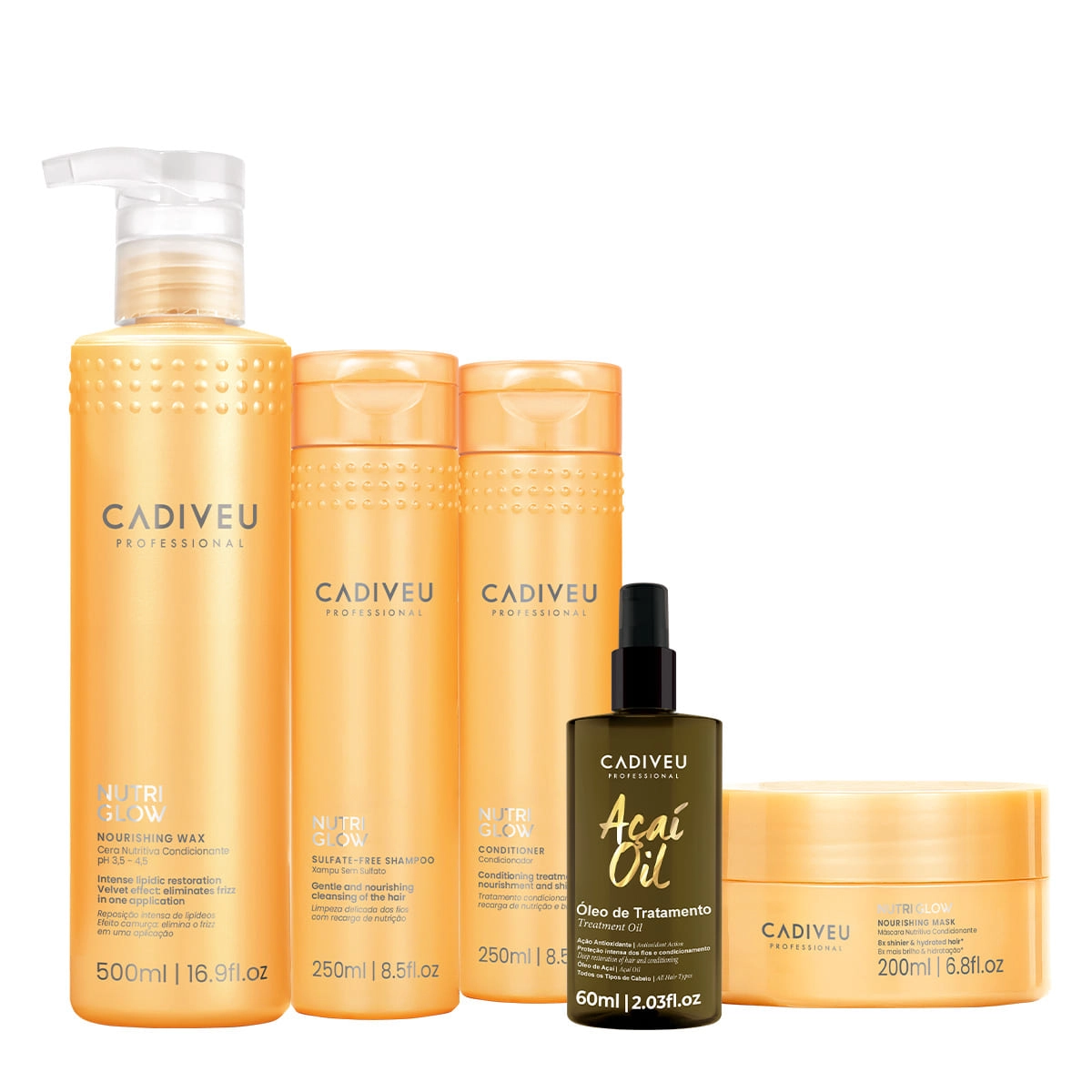 Produto: Kit Cadiveu Professional Nutri Glow Shampoo Condicionador Máscara P Cera e Açaí Oil 60 (5 produtos)