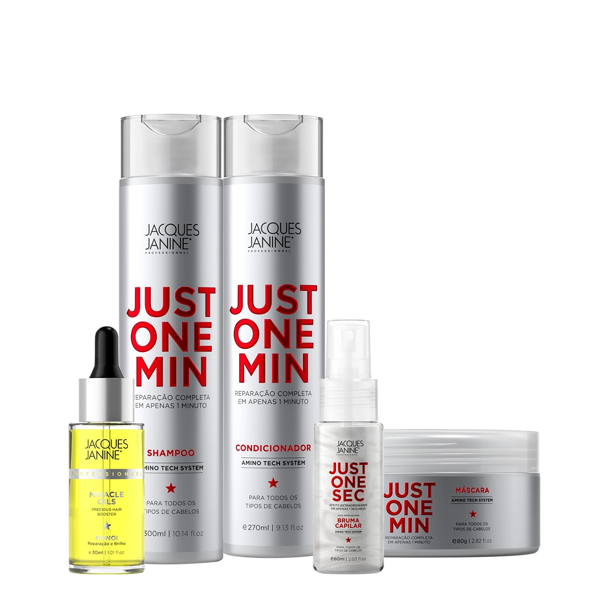 Produto: Kit Jacques Janine Professionnel Just One Min Shampoo Condicionador Máscara Bruma Capilar e Miracle Oils Monoi (5 produt
