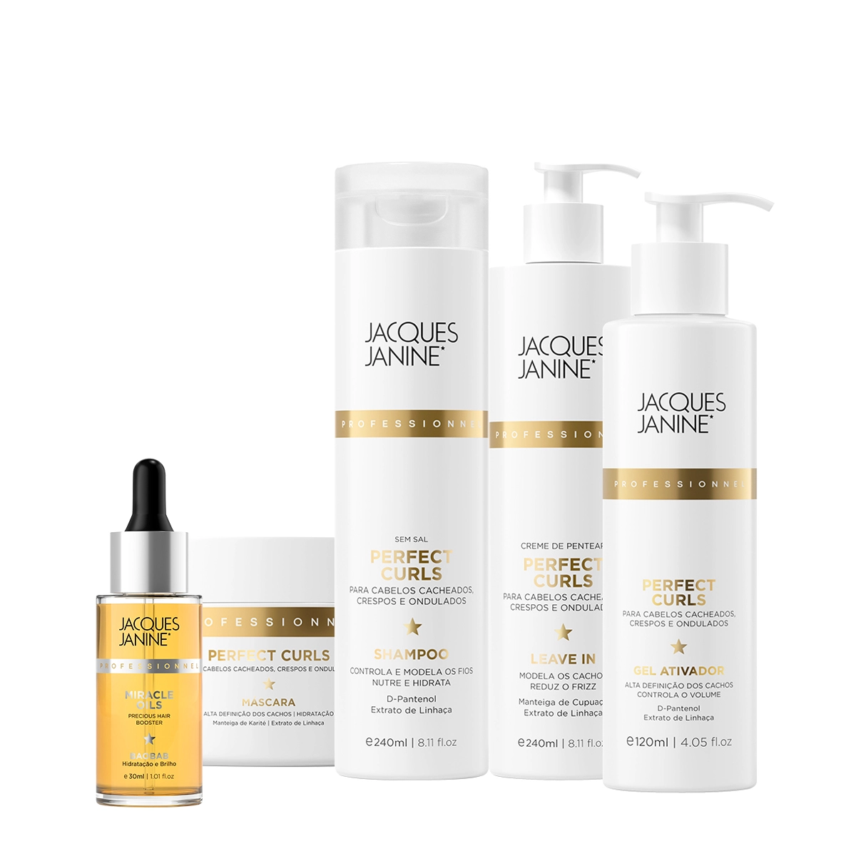 Produto: Kit Jacques Janine Professionnel Perfect Curls Shampoo Gel Máscara Leave-in e Oils Baobab (5 produtos)