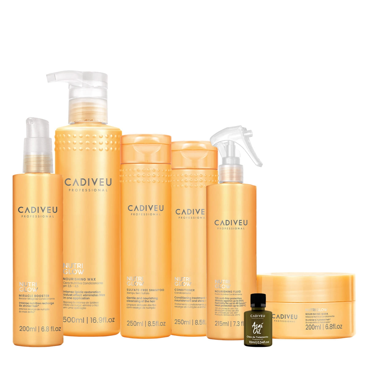 Kit Cadiveu Professional Nutri Glow Shampoo Condicionador Máscara P Cera Leave-in Glow Booster e Açaí Oil (7 produtos) Produto: Kit Cadiveu Professional Nutri Glow Shampoo Condicionador Máscara P Cera Leave-in Glow Booster e Açaí Oil (7 produtos)