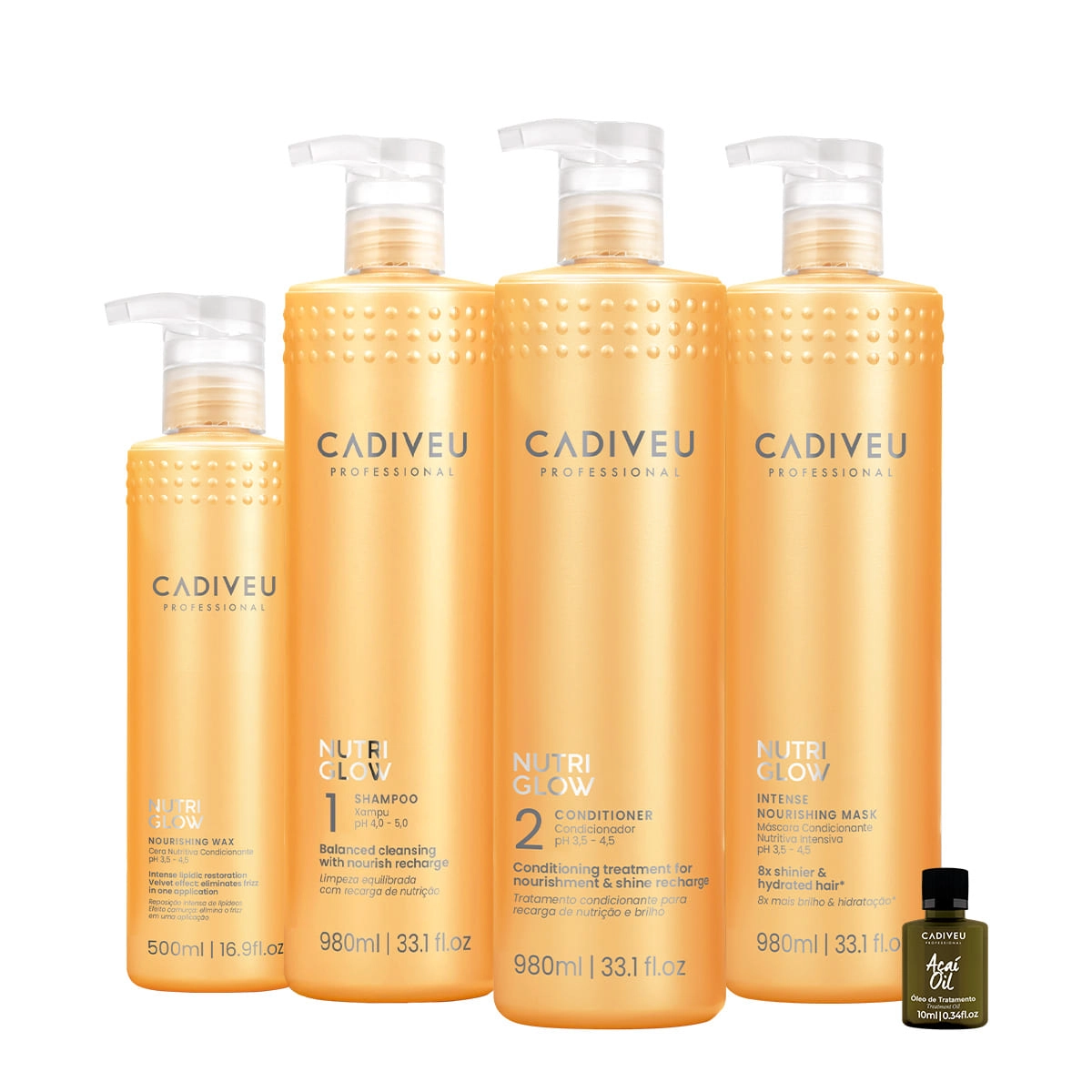 Produto: Kit Cadiveu Professional Nutri Glow Shampoo Condicionador Máscara G Cera e Açaí Oil (5 produtos)