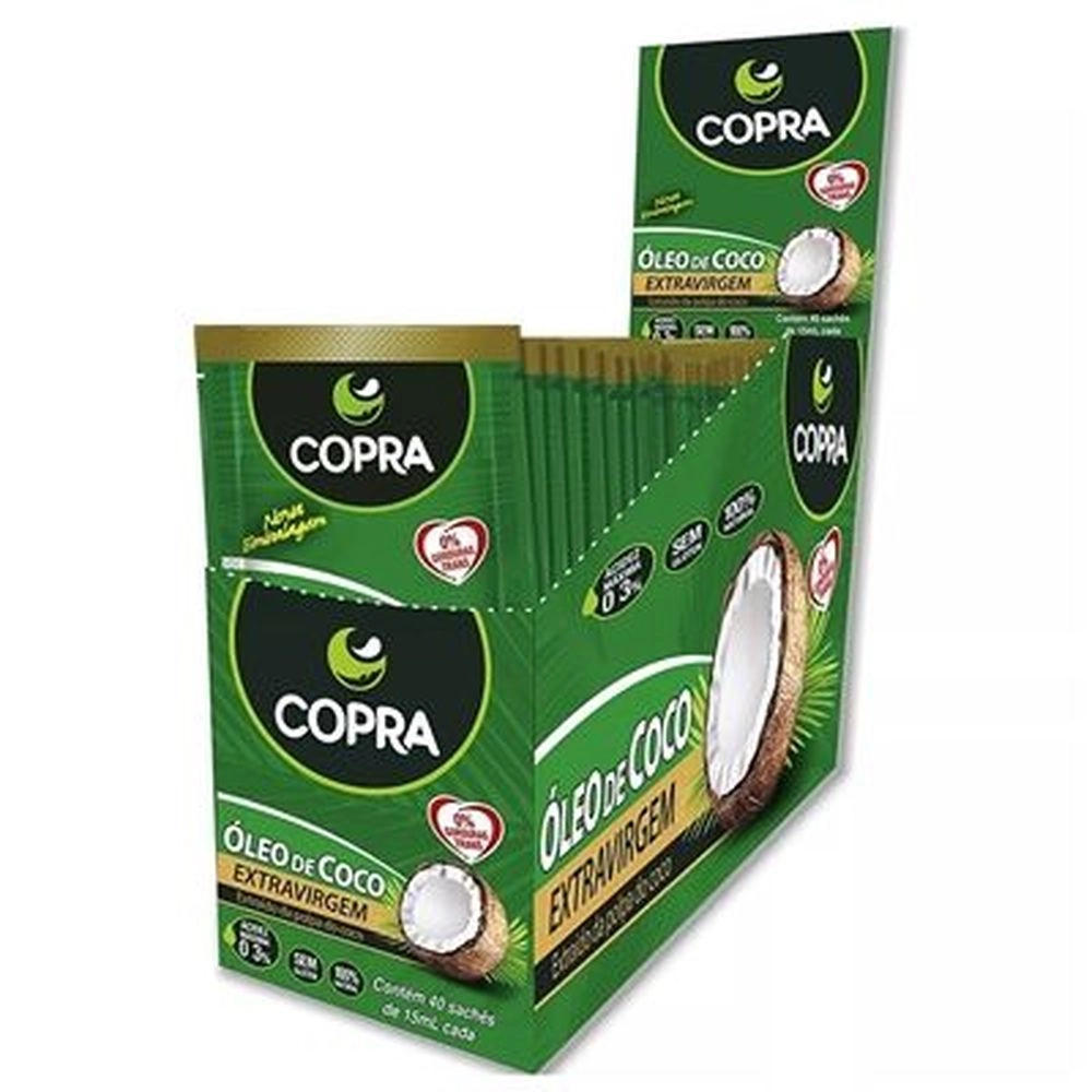Óleo De Coco Extra Virgem - Display Saches (40x15ml) - Copra Produto: Óleo De Coco Extra Virgem - Display Saches (40x15ml) - Copra