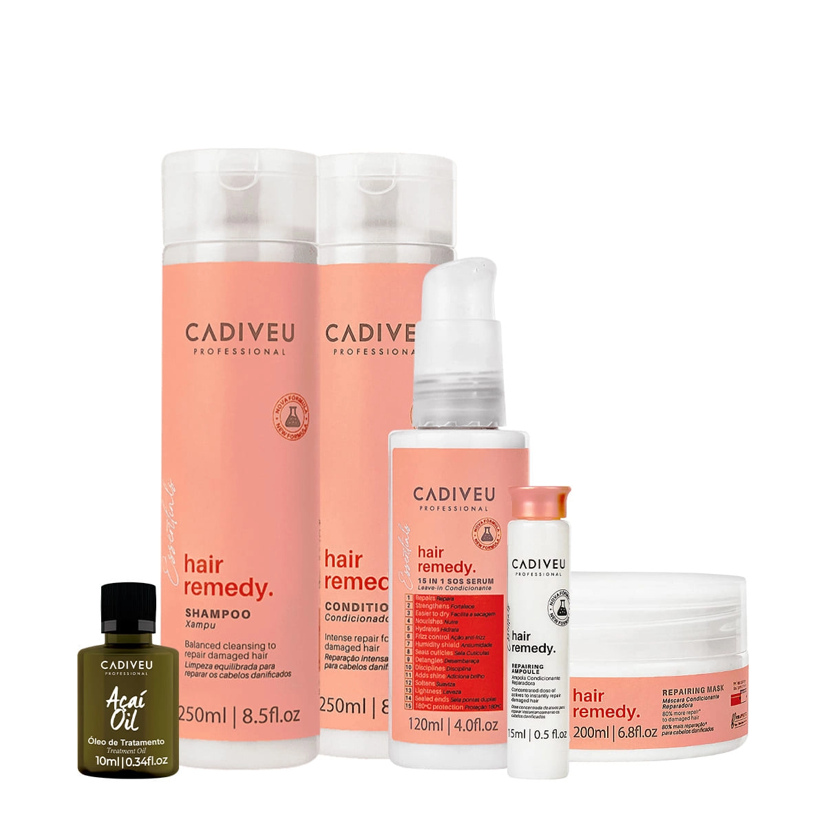Kit Cadiveu Essentials Hair Remedy Shampoo Condicioandor Máscara Sérum Ampola e Açaí Oil (6 produtos) Produto: Kit Cadiveu Essentials Hair Remedy Shampoo Condicioandor Máscara Sérum Ampola e Açaí Oil (6 produtos)