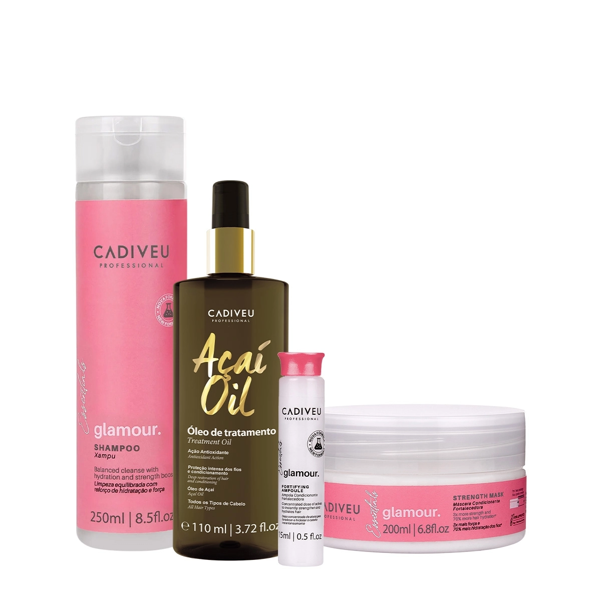 Kit Cadiveu Professional Essentials Glamour Shampoo Máscara Ampola e Açai Oil 110 (4 produtos) Produto: Kit Cadiveu Professional Essentials Glamour Shampoo Máscara Ampola e Açai Oil 110 (4 produtos)