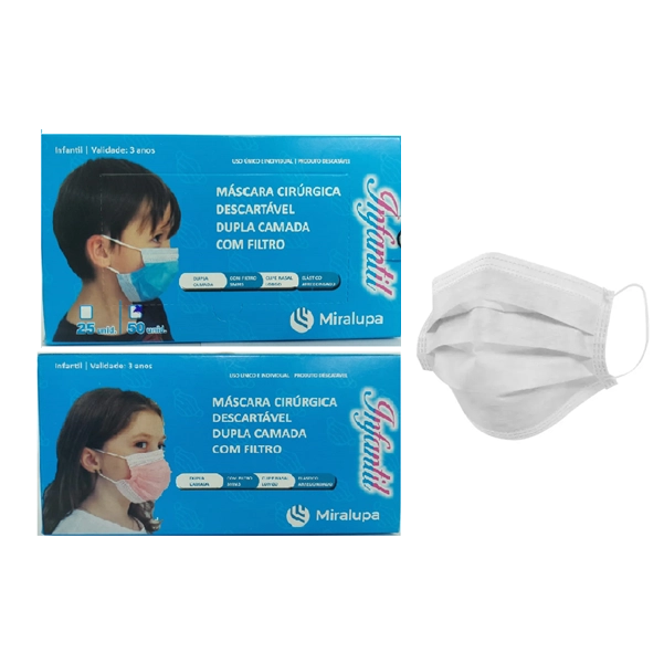 Produto: Mascara Cirurgica Dupla Camada com Filtro - Infantil Azul, Rosa e Branca 3 un. C/50 cd.