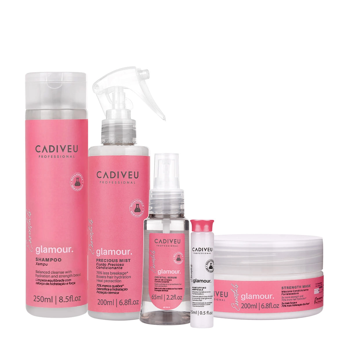 Produto: Kit Cadiveu Professional Essentials Glamour Shampoo Máscara Fluído Ampola e Sérum (5 produtos)