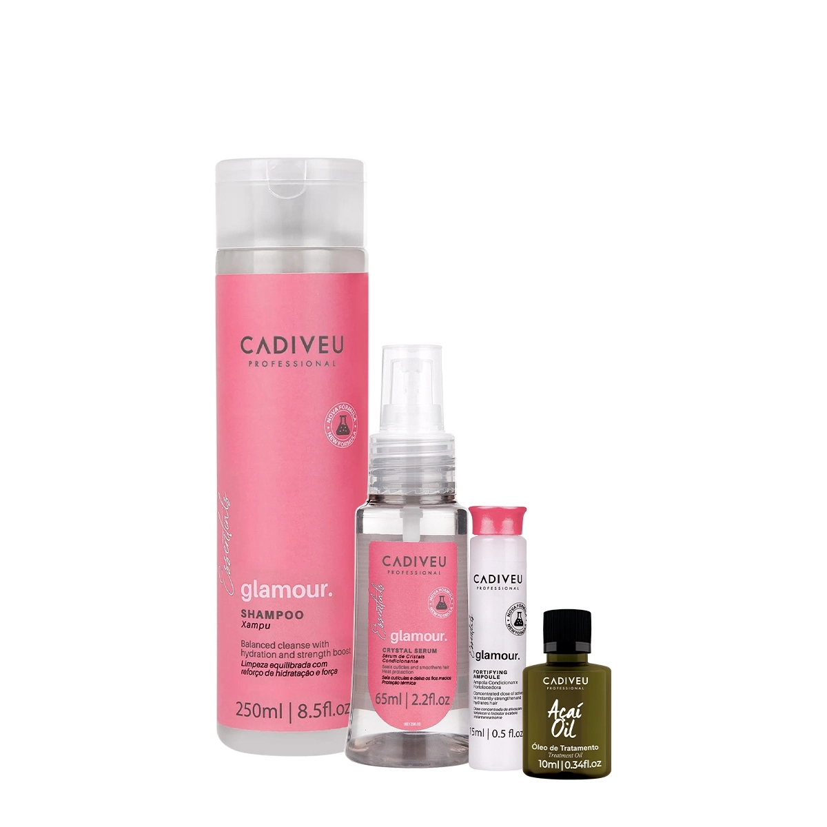 Kit Cadiveu Professional Essentials Glamour Shampoo Sérum Ampola Capilar e Açaí Oil 10 (4 produtos) Produto: Kit Cadiveu Professional Essentials Glamour Shampoo Sérum Ampola Capilar e Açaí Oil 10 (4 produtos)