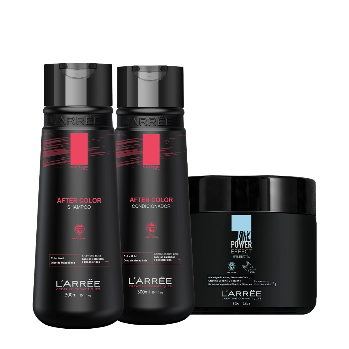 Kit LARREE After Color Shampoo Condicionador e Power Effect Máscara Efeito Teia (3 produtos) Produto: Kit LARREE After Color Shampoo Condicionador e Power Effect Máscara Efeito Teia (3 produtos)