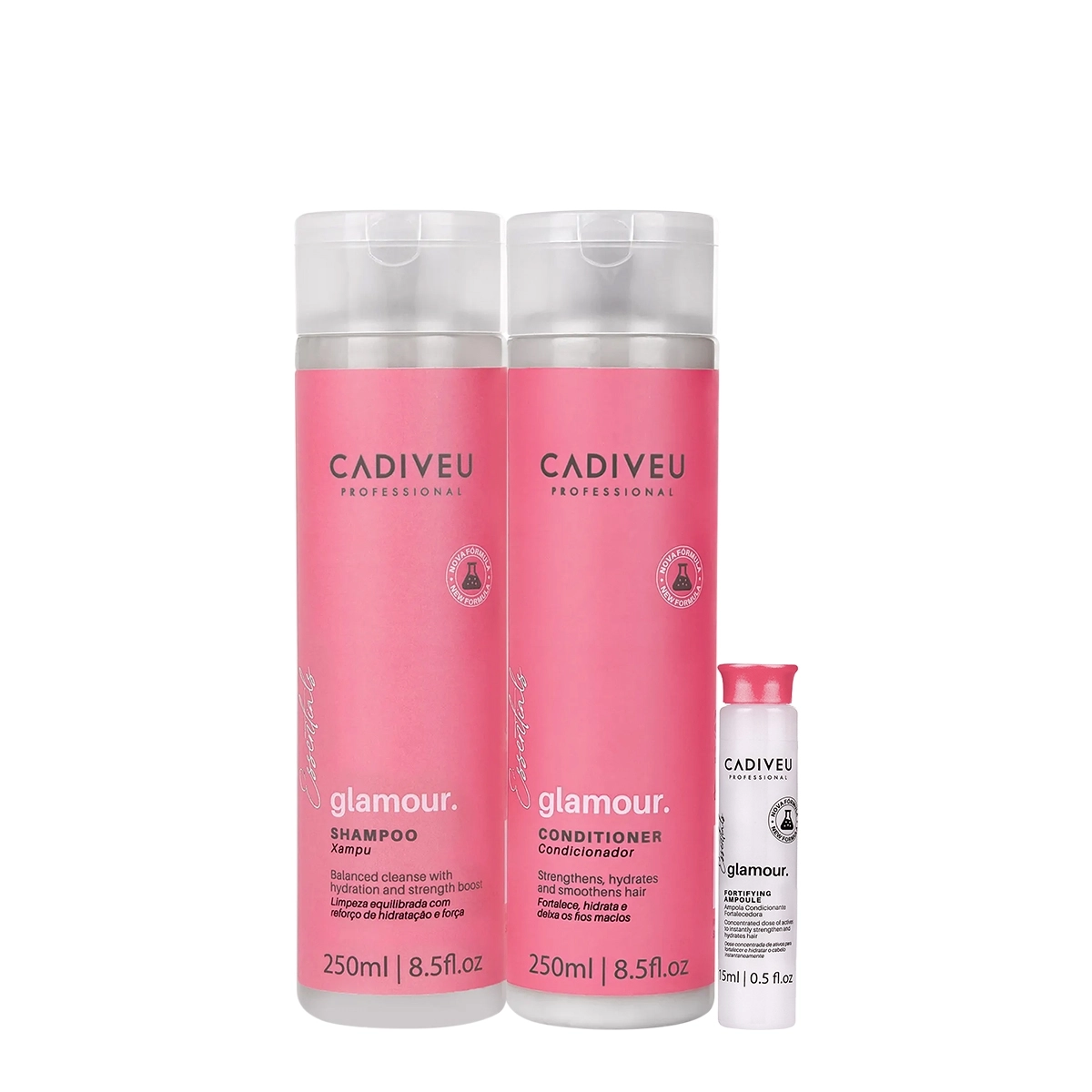 Kit Cadiveu Professional Essentials Glamour Shampoo Condicionador e Ampola (3 produtos) Produto: Kit Cadiveu Professional Essentials Glamour Shampoo Condicionador e Ampola (3 produtos)