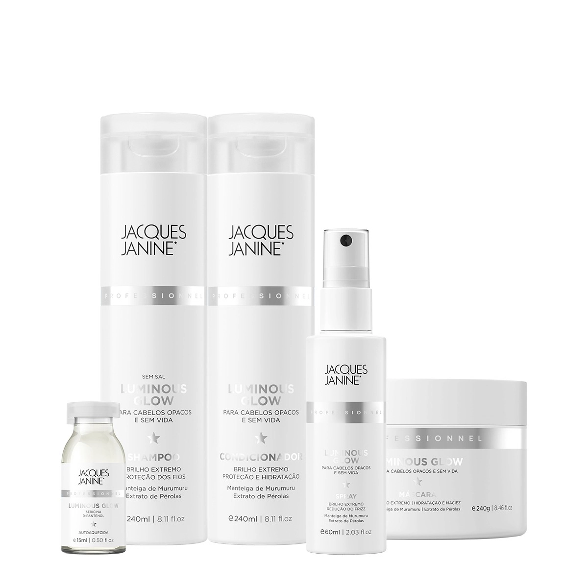 Produto: Kit Jacques Janine Luminous Glow Shampoo Condicionador Máscara Spray e Ampola (5 produtos)