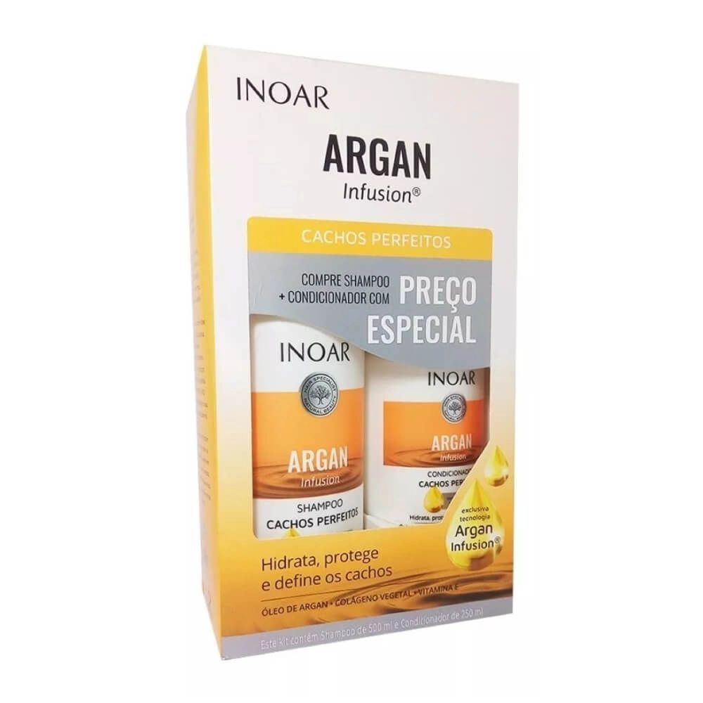 Produto: Inoar Kit Argan Infusion Cachos Perfeitos Shampoo 500ml + Condicionador 250ml.