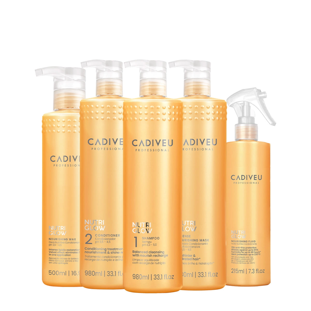 Kit Cadiveu Professional Nutri Glow Shampoo Condicionador Máscara Cera Nutritiva e Fluído (5 produtos) Produto: Kit Cadiveu Professional Nutri Glow Shampoo Condicionador Máscara Cera Nutritiva e Fluído (5 produtos)
