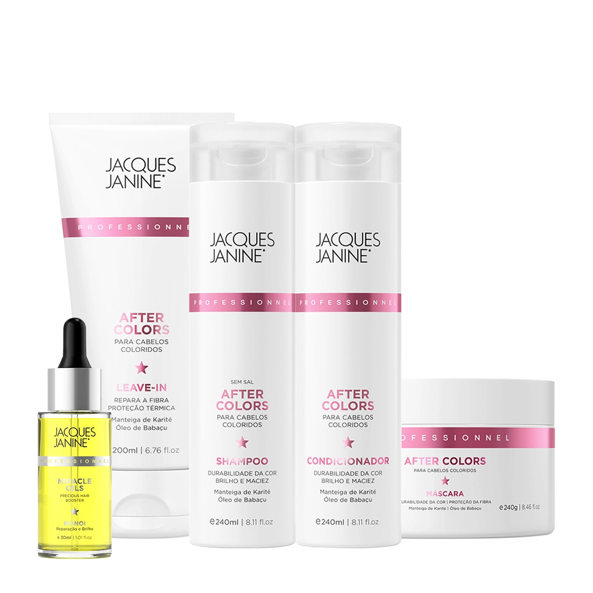 Kit Jacques Janine After Colors Shampoo Condicionador Máscara Leave-in e Miracle Oils Monoi (5 produtos) Produto: Kit Jacques Janine After Colors Shampoo Condicionador Máscara Leave-in e Miracle Oils Monoi (5 produtos)