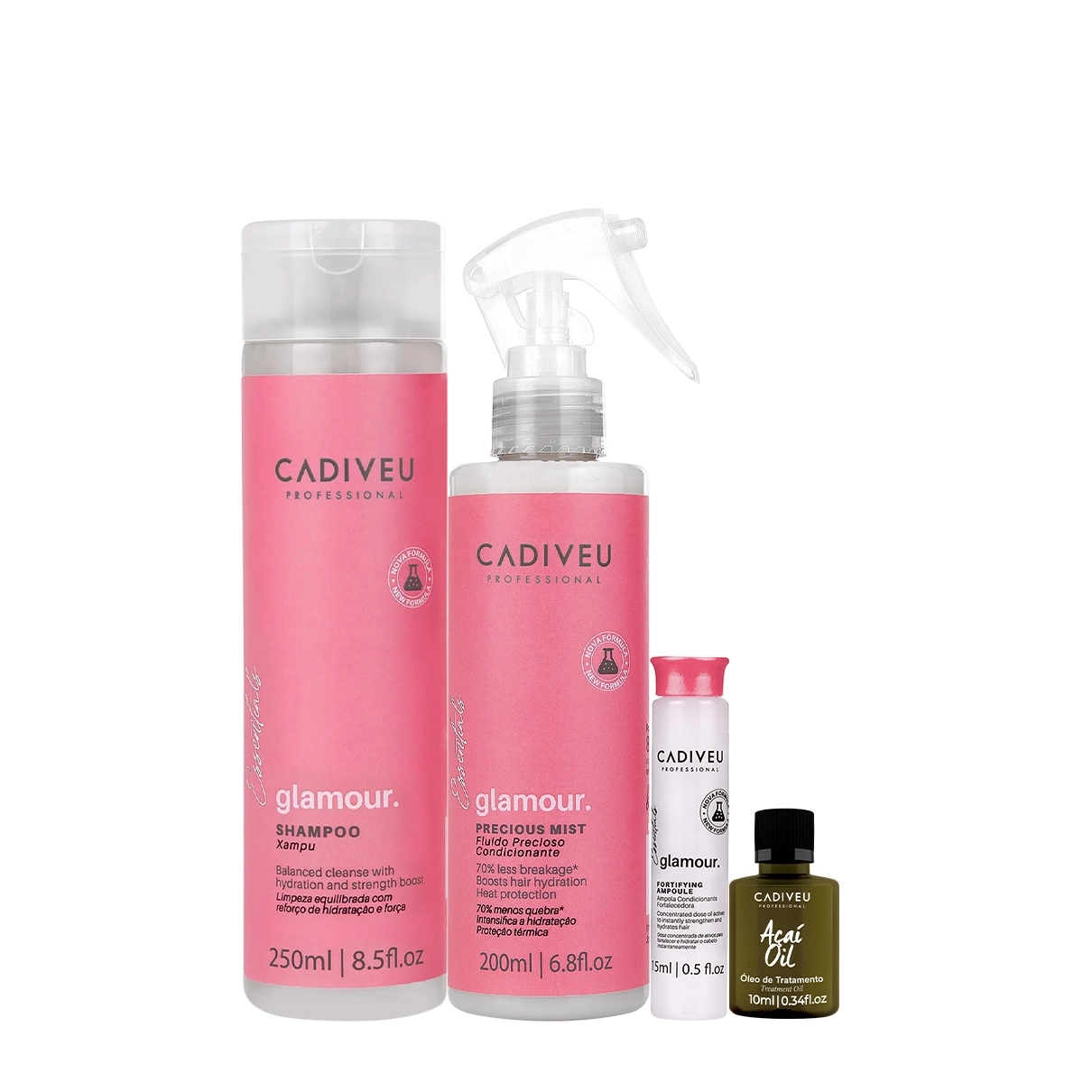 Kit Cadiveu Professional Essentials Glamour Shampoo Fluído Ampola e Açaí Oil 10 (4 produtos) Produto: Kit Cadiveu Professional Essentials Glamour Shampoo Fluído Ampola e Açaí Oil 10 (4 produtos)