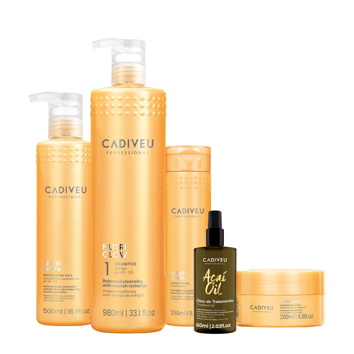 Kit Cadiveu Professional Nutri Glow Shampoo Condicionador Máscara Cera e Açaí Oil 60 (5 produtos) Produto: Kit Cadiveu Professional Nutri Glow Shampoo Condicionador Máscara Cera e Açaí Oil 60 (5 produtos)