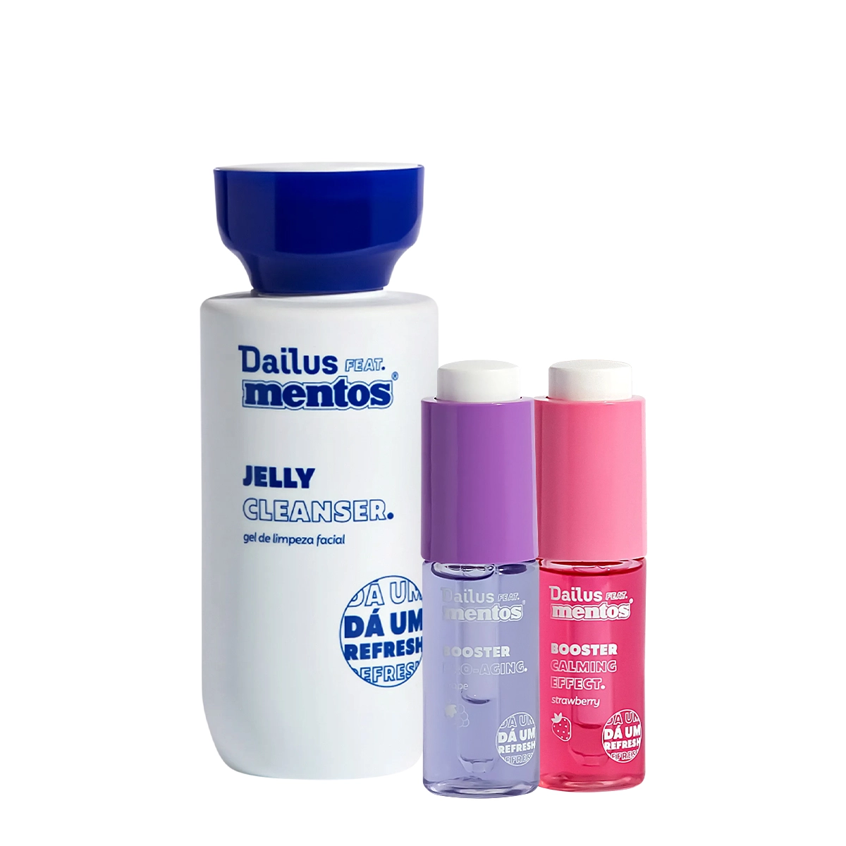 Produto: Kit Dailus Feat Mentos Jelly Cleanser Gel de Limpeza e Booster Calming Effect Strawberry Hidratante Facial e Sérum Anti-