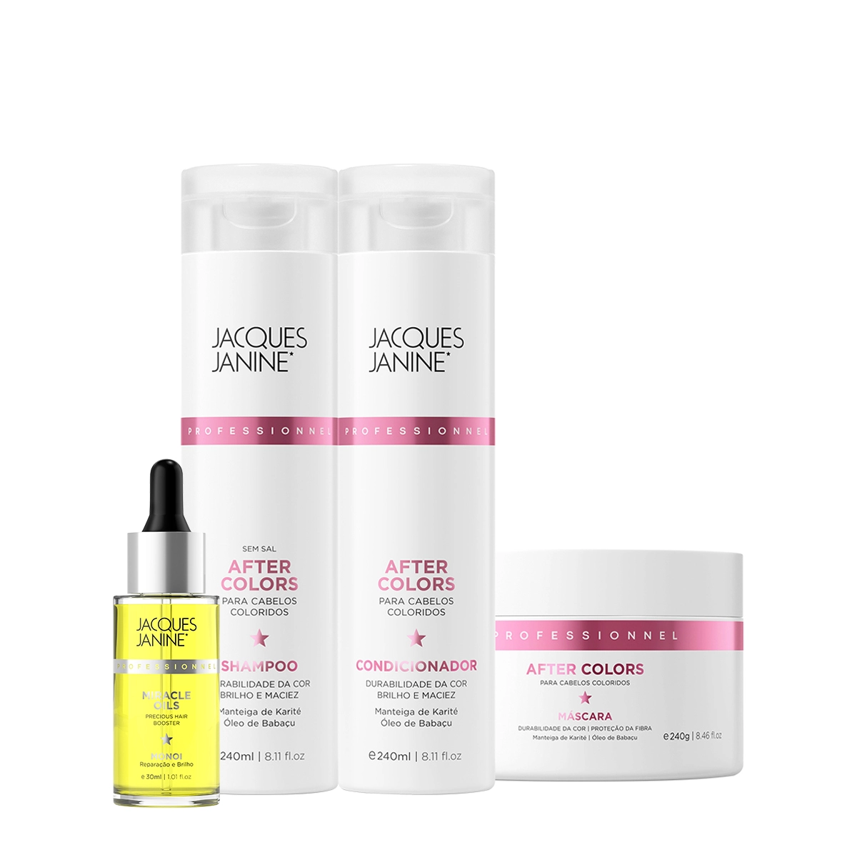 Kit Jacques Janine After Colors Shampoo Condicionador Máscara e Miracle Oils Monoi (4 produtos) Produto: Kit Jacques Janine After Colors Shampoo Condicionador Máscara e Miracle Oils Monoi (4 produtos)