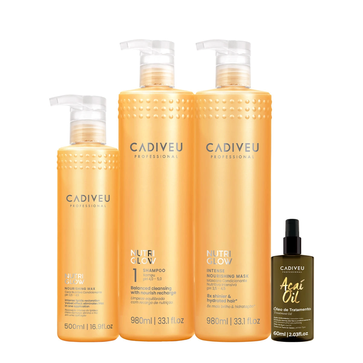 Kit Cadiveu Nutri Glow Shampoo Máscara Cera G e Açaí Oil 60 (4 produtos) Produto: Kit Cadiveu Nutri Glow Shampoo Máscara Cera G e Açaí Oil 60 (4 produtos)