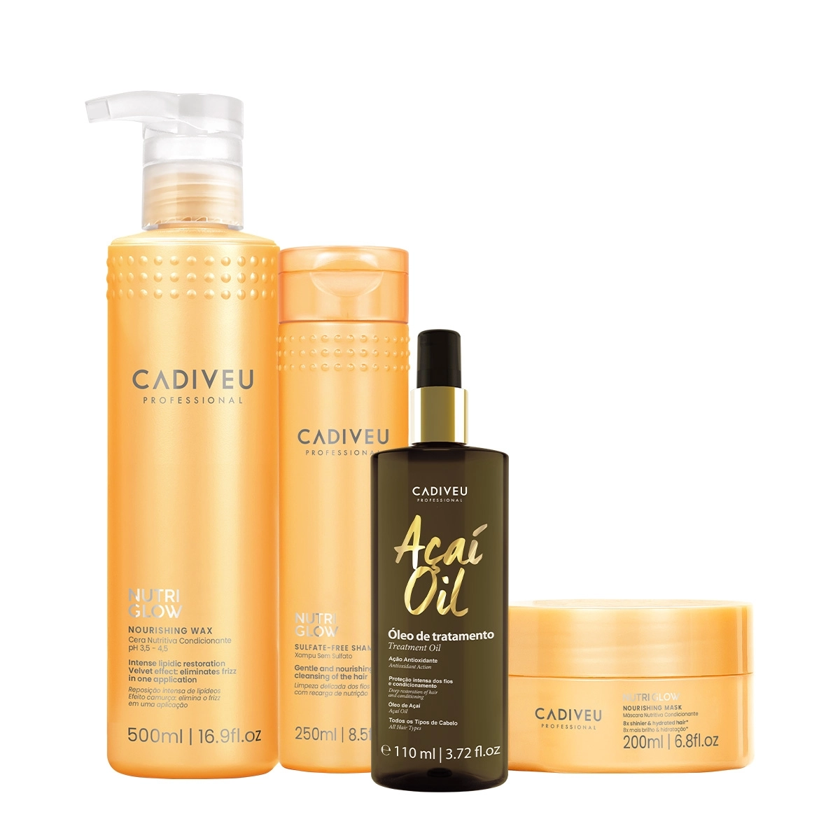 Kit Cadiveu Professional Nutri Glow Shampoo Máscara Cera e Açaí Oil 110 (4 produtos) Produto: Kit Cadiveu Professional Nutri Glow Shampoo Máscara Cera e Açaí Oil 110 (4 produtos)